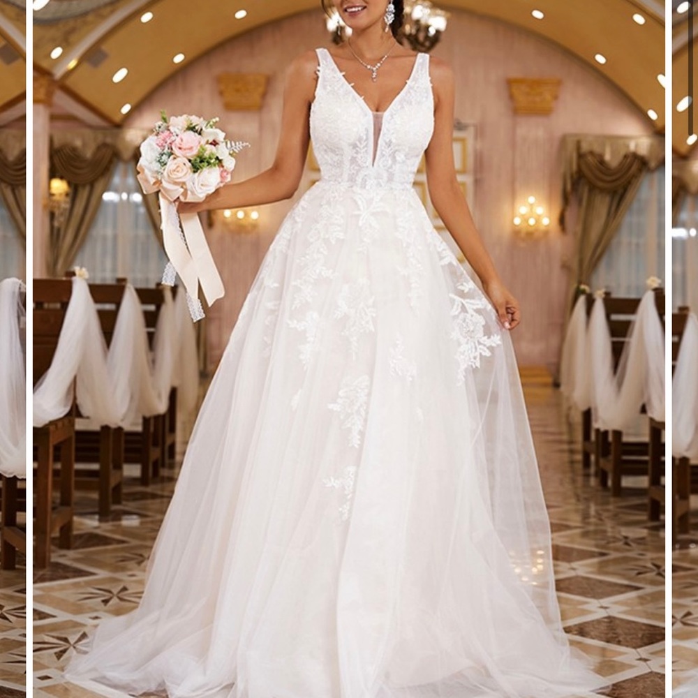 A-Line/Princess Lace Applique V-neck Sleeveless Sweep/Brush Train; wedding dress